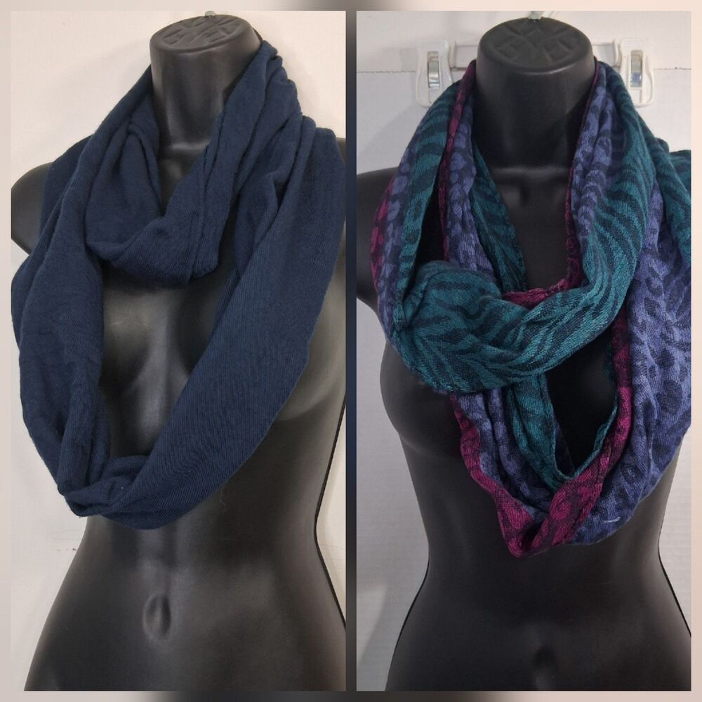 Boho Infinity Loop Scarf Lot Of 2 Bundle Navy Teal Purple Zebra Print Y2k Cowl